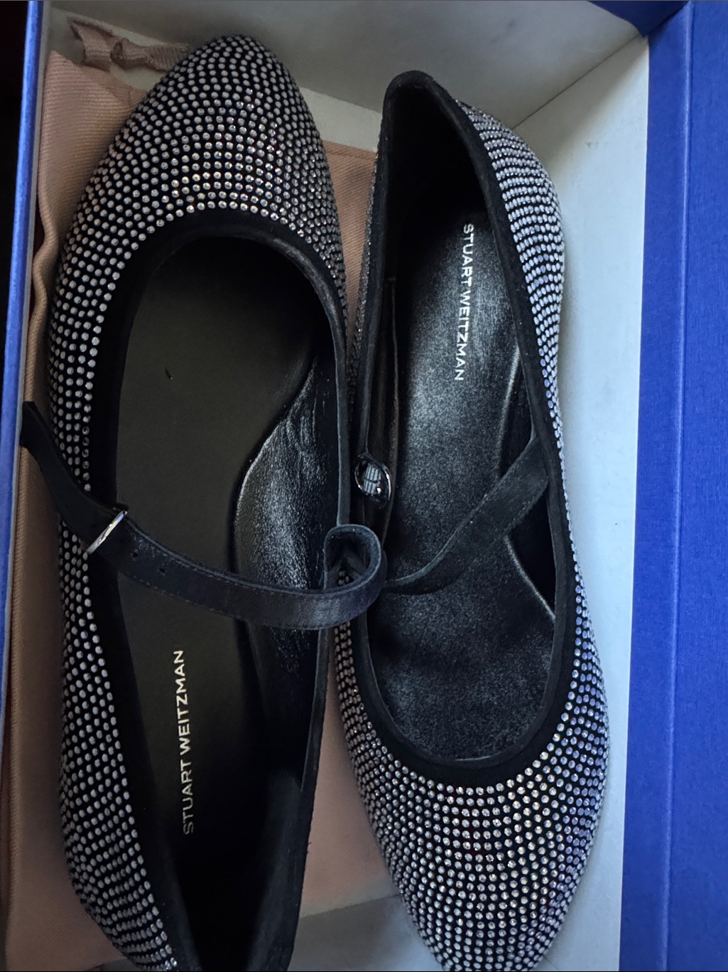 Stuart Weitzman Black Crystal-Embellished Mary Jane Flats Size10